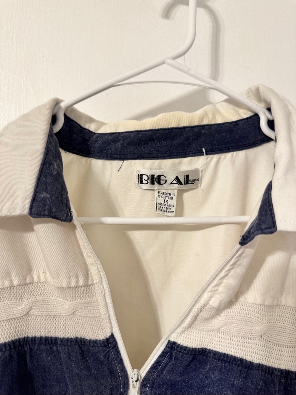 Denim-Trim White and Navy Zip-Up Sweatshirt